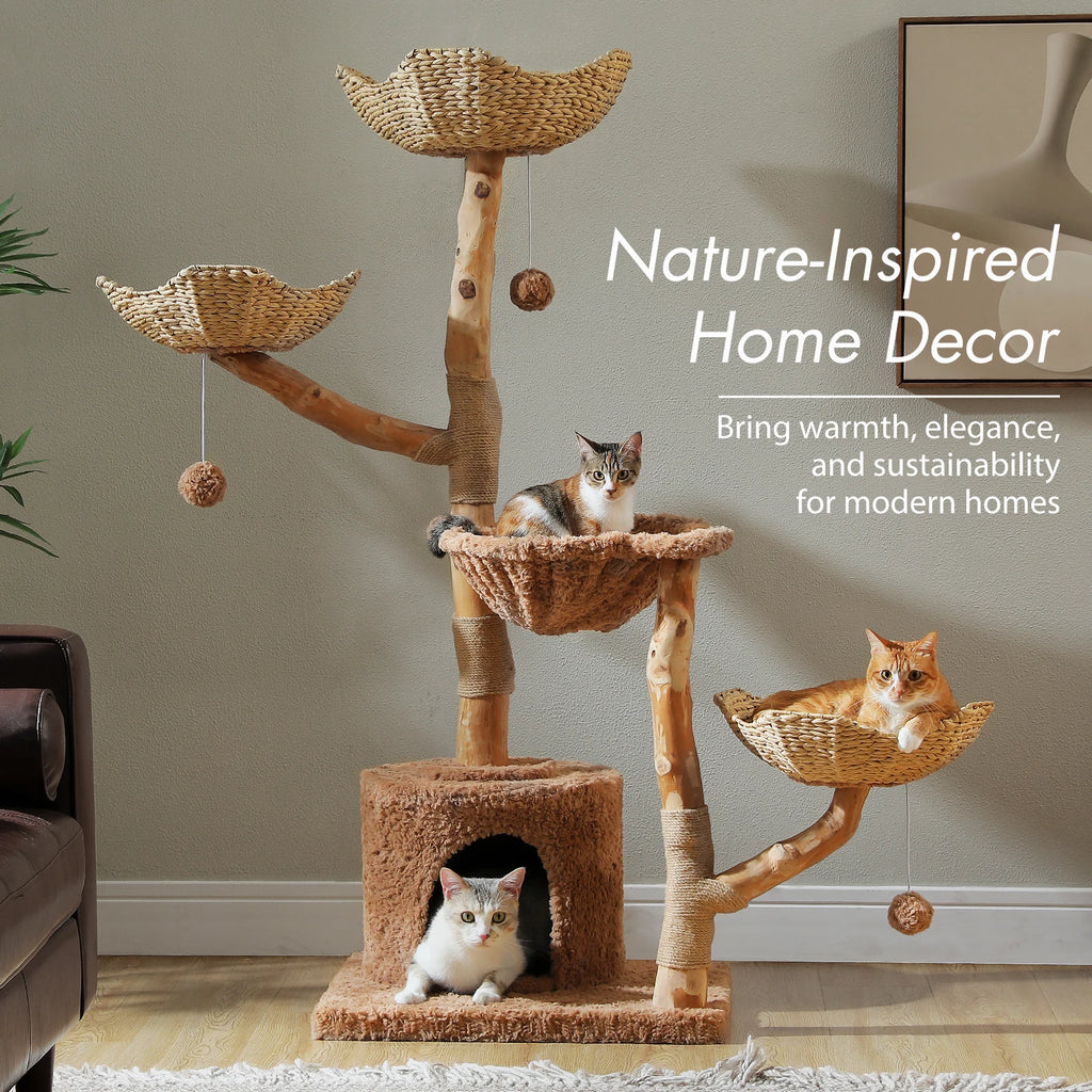 Large Cat Tree Tower with Sisal Scratching Post Wicker Basket Bed Flower Cat Condo Indoor Modern Cat Furniture Cat Accessories