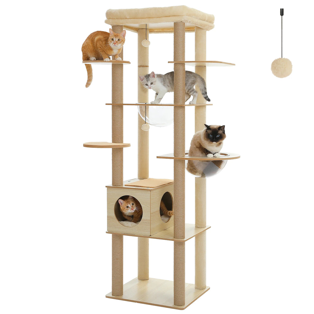 Multi-Level Cat Tree for Indoor Wood Cat Tower with Scratching Posts Spacious Condo Hammock Top Perch Cat Scratcher Cat Toys