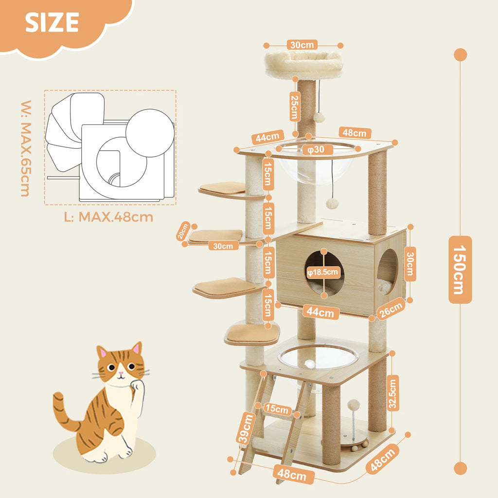 Multi-Level Cat Tree for Indoor Wood Cat Tower with Scratching Posts Spacious Condo Hammock Top Perch Cat Scratcher Cat Toys
