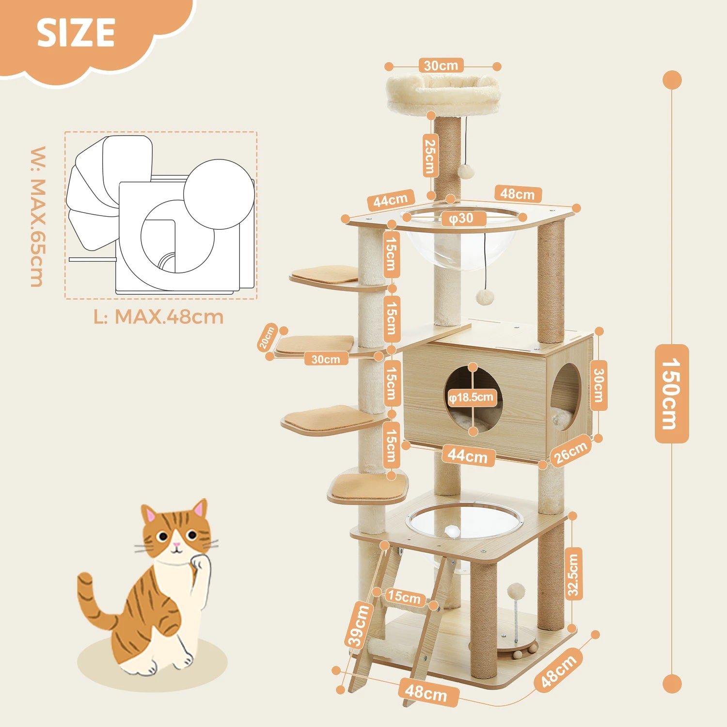 Multi-Level Cat Tree for Indoor Wood Cat Tower with Scratching Posts Spacious Condo Hammock Top Perch Cat Scratcher Cat Toys