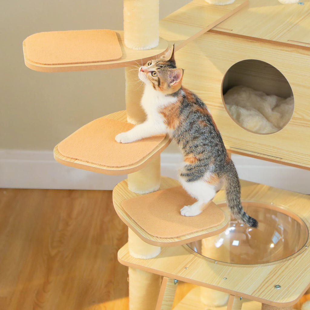 Multi-Level Cat Tree for Indoor Wood Cat Tower with Scratching Posts Spacious Condo Hammock Top Perch Cat Scratcher Cat Toys