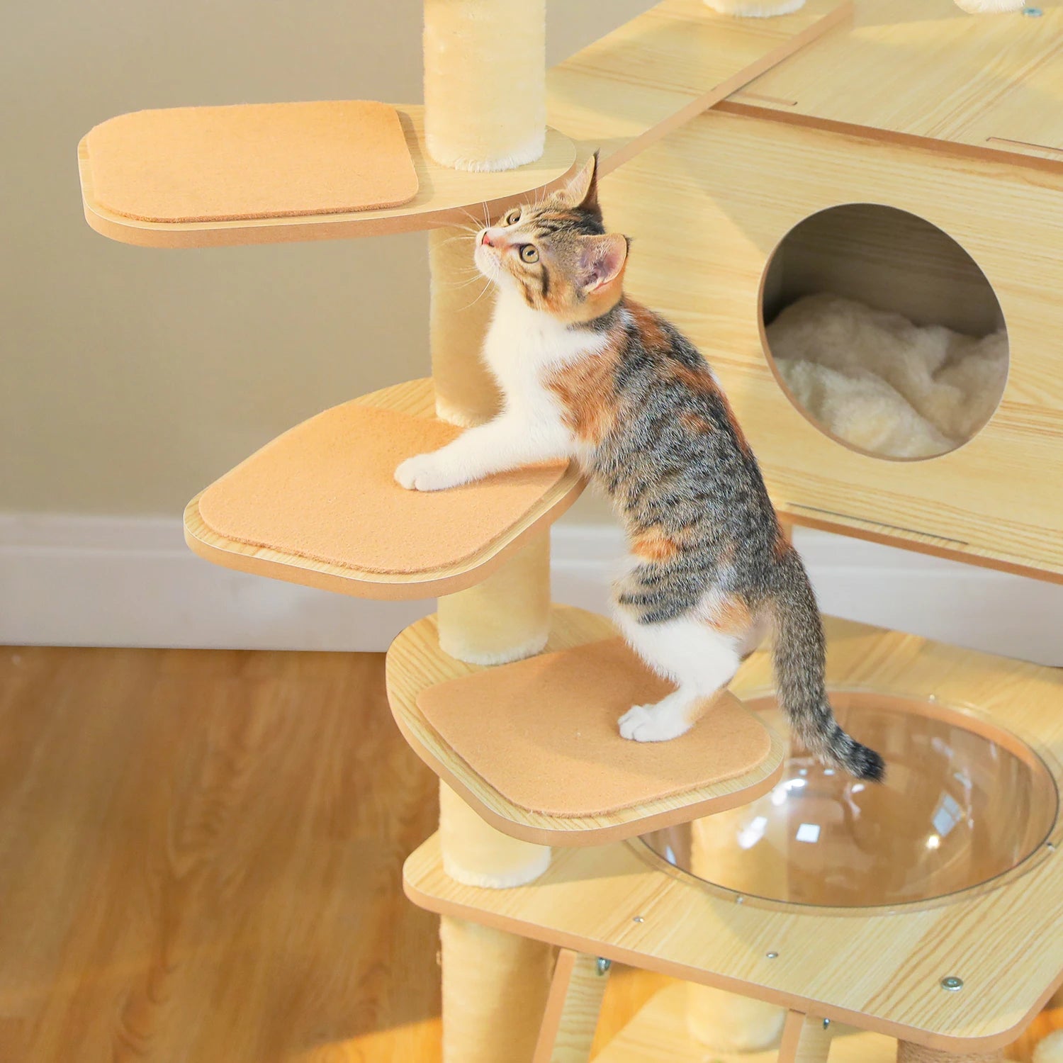 Multi-Level Cat Tree for Indoor Wood Cat Tower with Scratching Posts Spacious Condo Hammock Top Perch Cat Scratcher Cat Toys
