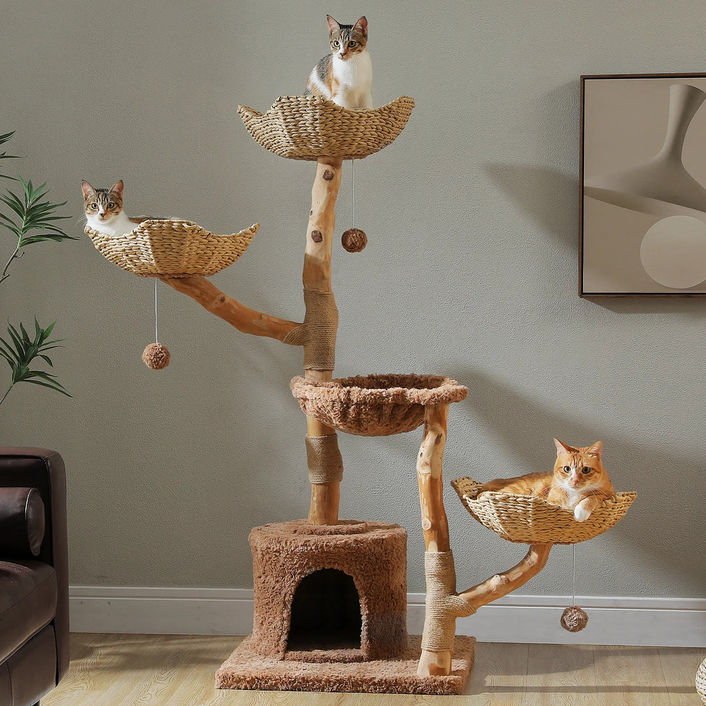 Large Cat Tree Tower with Sisal Scratching Post Wicker Basket Bed Flower Cat Condo Indoor Modern Cat Furniture Cat Accessories
