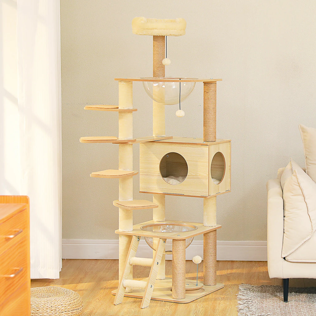 Multi-Level Cat Tree for Indoor Wood Cat Tower with Scratching Posts Spacious Condo Hammock Top Perch Cat Scratcher Cat Toys