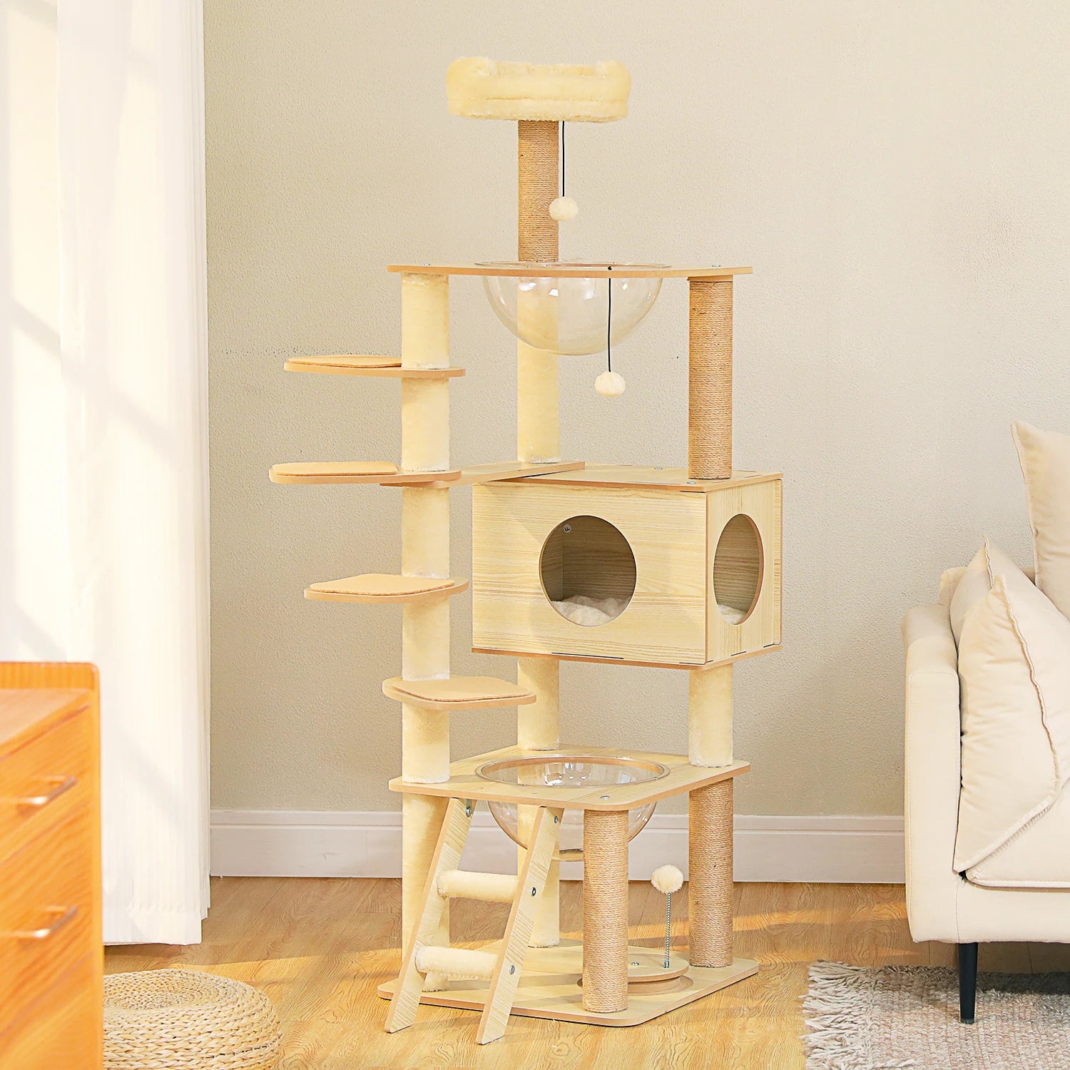 Multi-Level Cat Tree for Indoor Wood Cat Tower with Scratching Posts Spacious Condo Hammock Top Perch Cat Scratcher Cat Toys