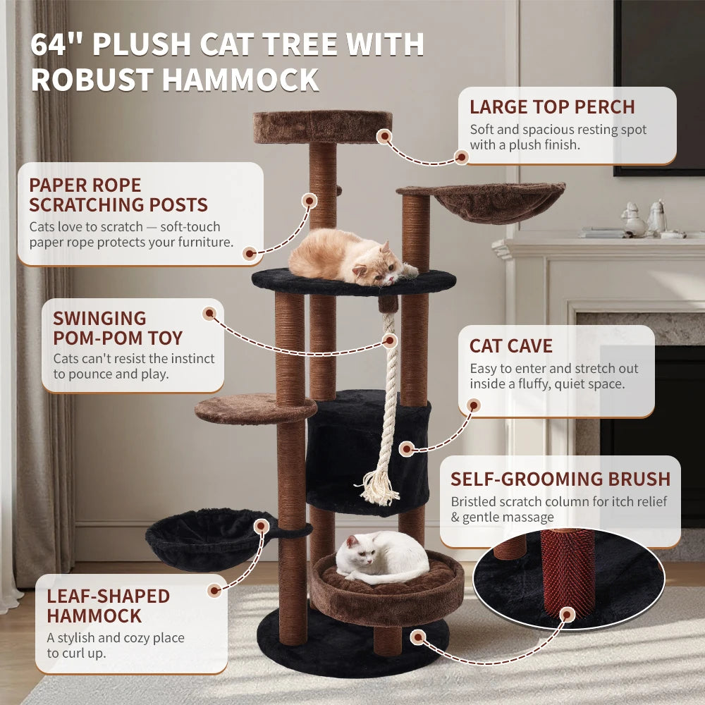 64 Inch Halloween Cat Tree Tower Cute Tall Gift Multi-Level with Scratching Post for Cats Christmas Eve Supplies