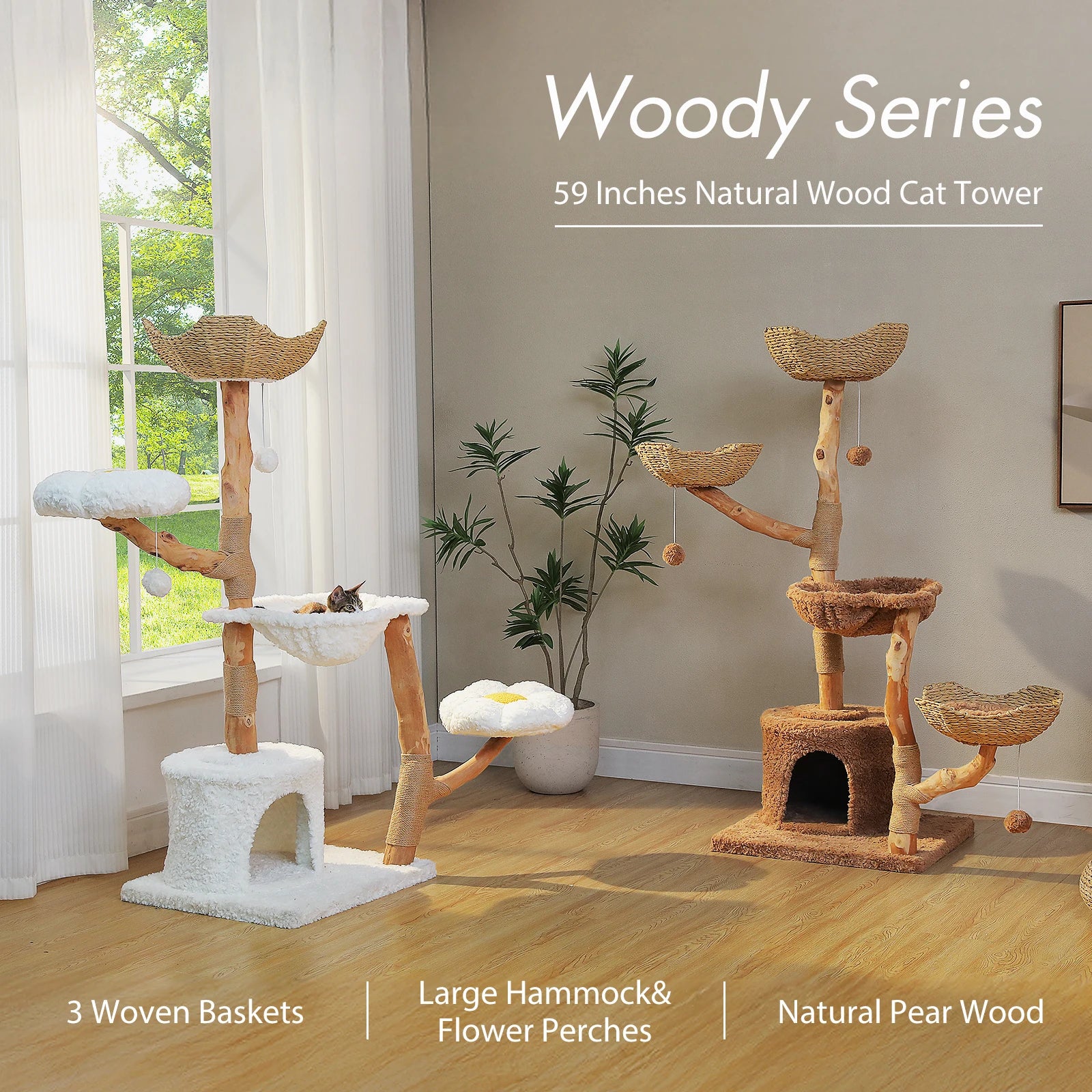 Large Cat Tree Tower with Sisal Scratching Post Wicker Basket Bed Flower Cat Condo Indoor Modern Cat Furniture Cat Accessories